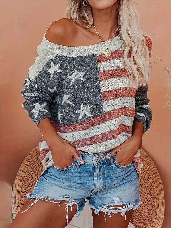 TATIANA – PATRIOTIC OFF-SHOULDER SWEATER