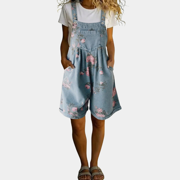 Judy | Salopette en denim vintage à fleurs doux