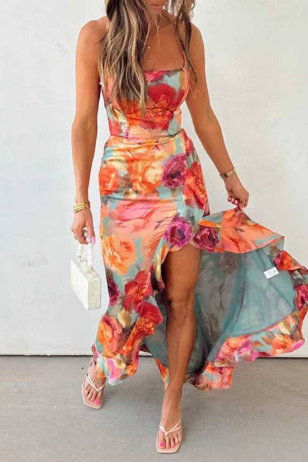 Fae | Robe Maxi Satinée Dos Nu Fleurie