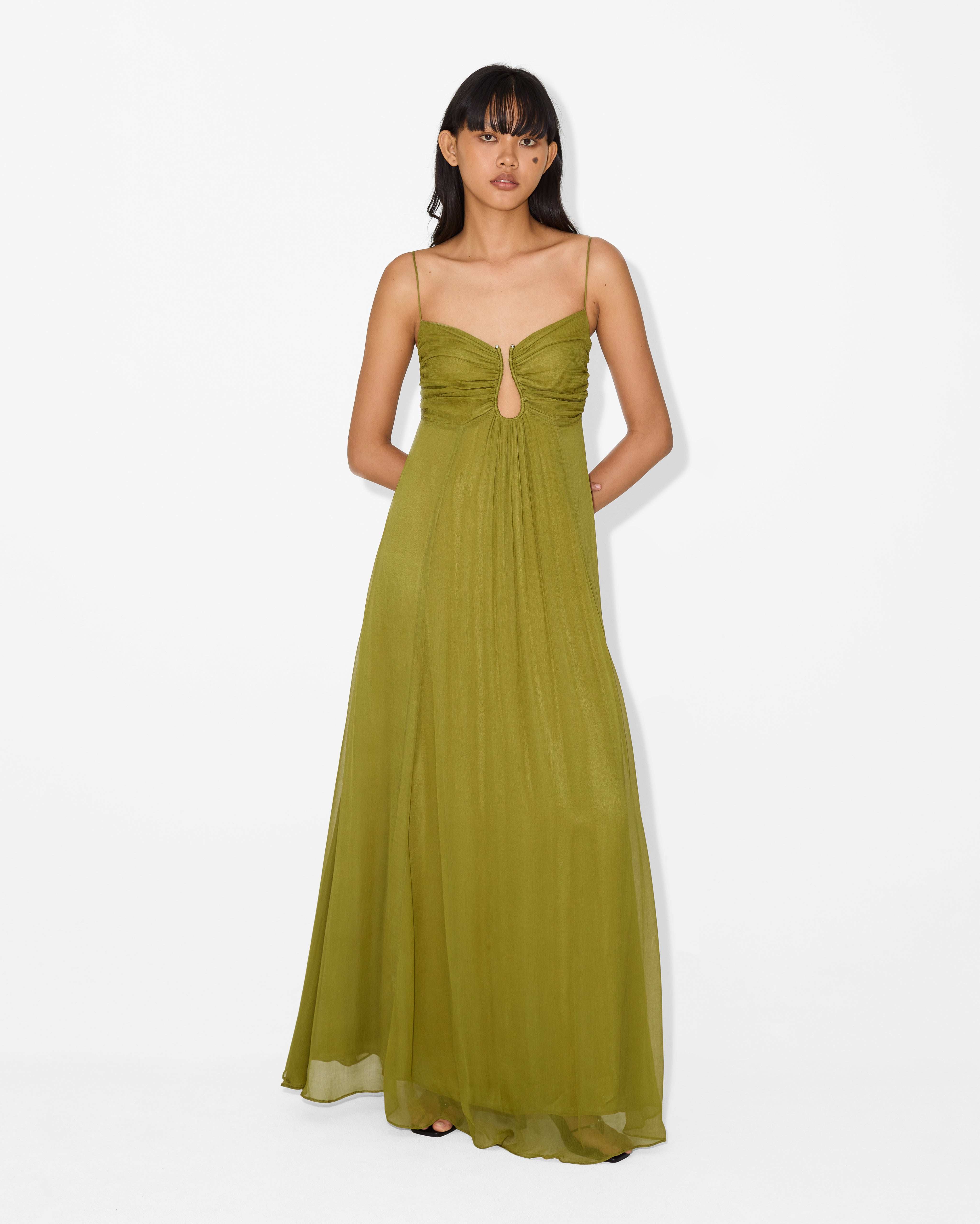 KORA – SUN-WASHED OLIVE RUCHED MAXI DRESS