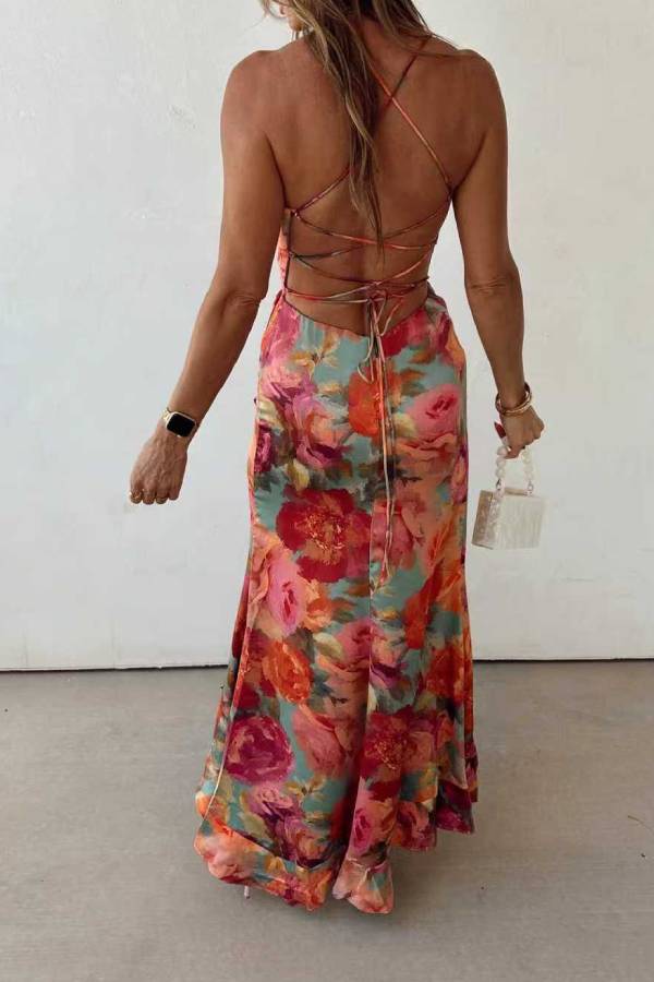 Fae | Robe Maxi Satinée Dos Nu Fleurie