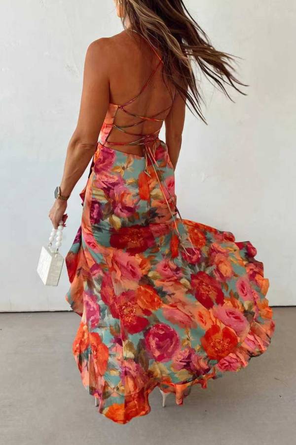 Fae | Robe Maxi Satinée Dos Nu Fleurie