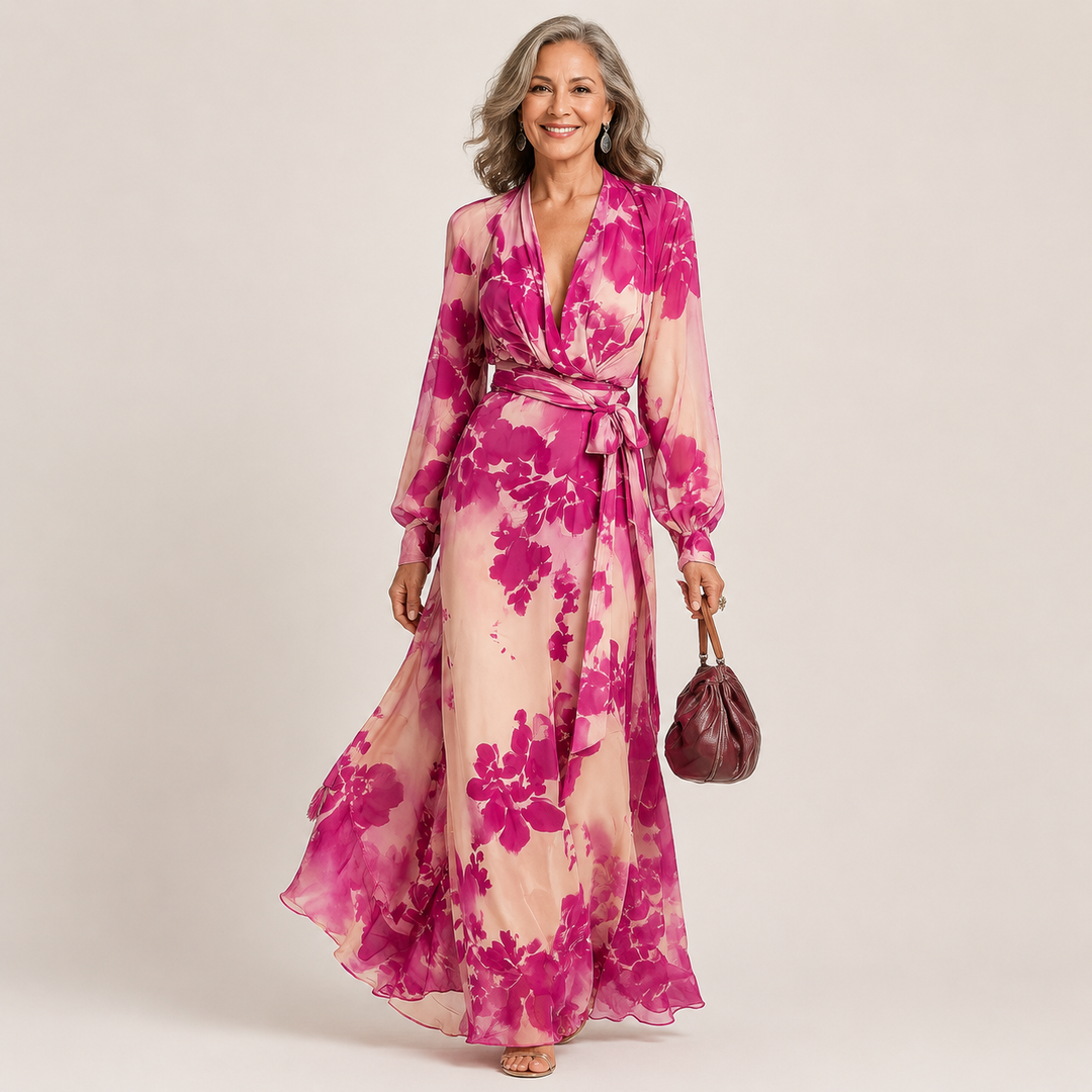 Juliesse | Robe Maxi Ceinturée à Fleurs Roses en V