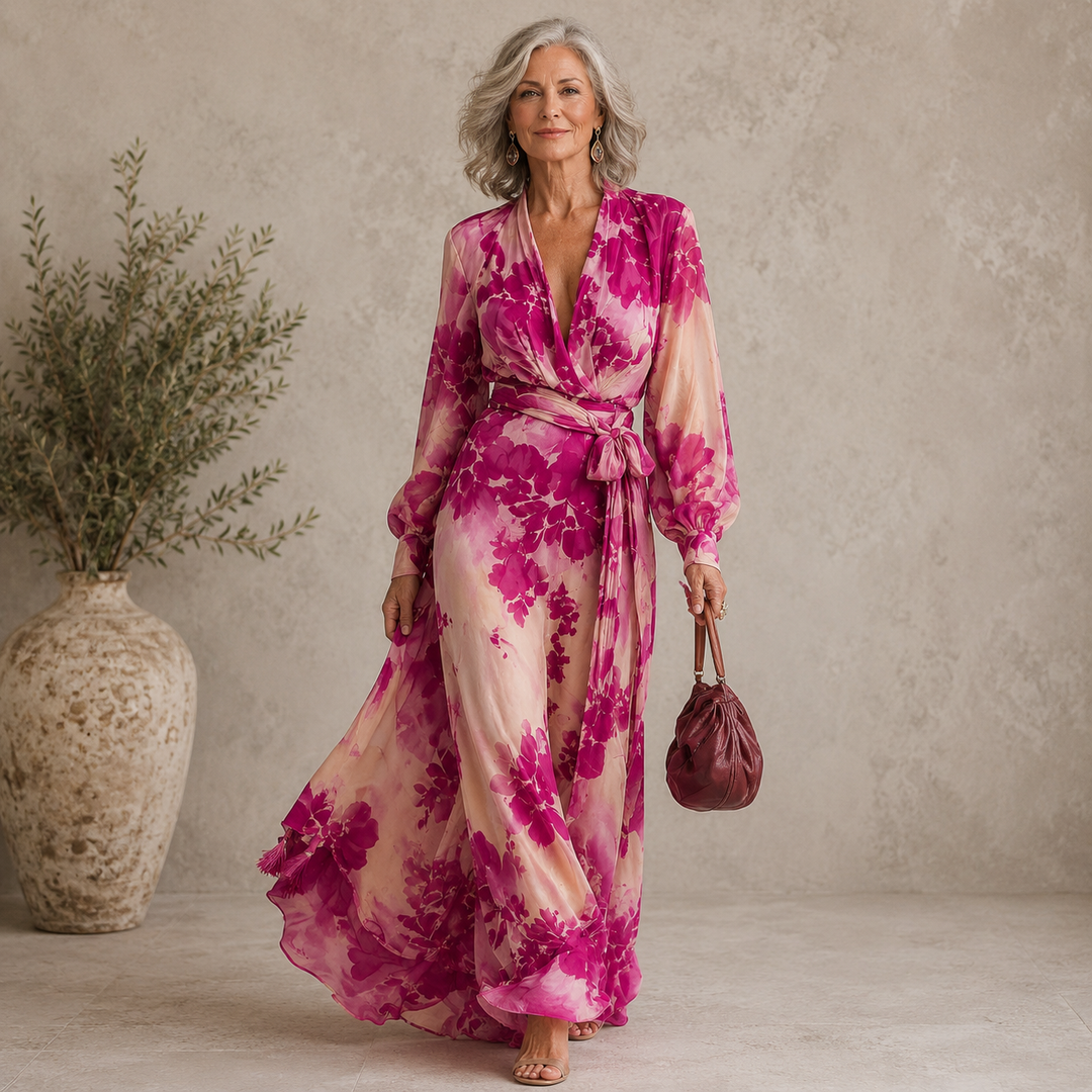 Juliesse | Robe Maxi Ceinturée à Fleurs Roses en V