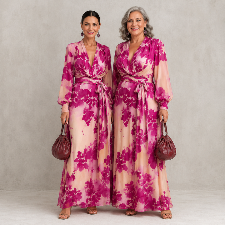 Juliesse | Robe Maxi Ceinturée à Fleurs Roses en V